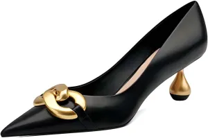 XYD Low Heel Closed Pointed Toe Pumps with Metal Chain Solid Golden Heeled Shoes for Women Slip On Professional Lady Formal