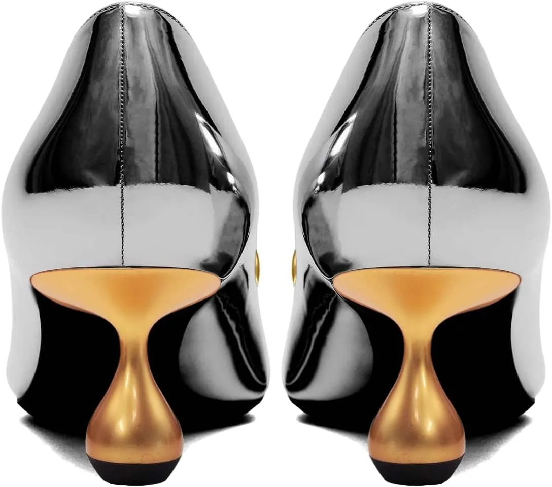 XYD Low Heel Closed Pointed Toe Pumps with Metal Chain Solid Golden Heeled Shoes for Women Slip On Professional Lady Formal