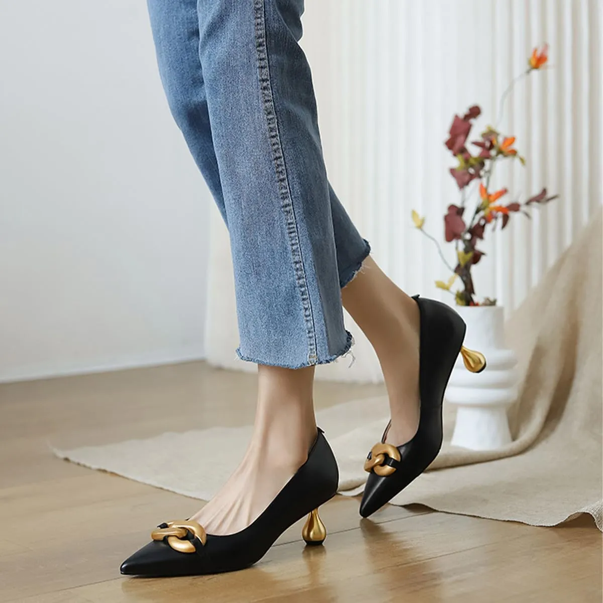 XYD Low Heel Closed Pointed Toe Pumps with Metal Chain Solid Golden Heeled Shoes for Women Slip On Professional Lady Formal