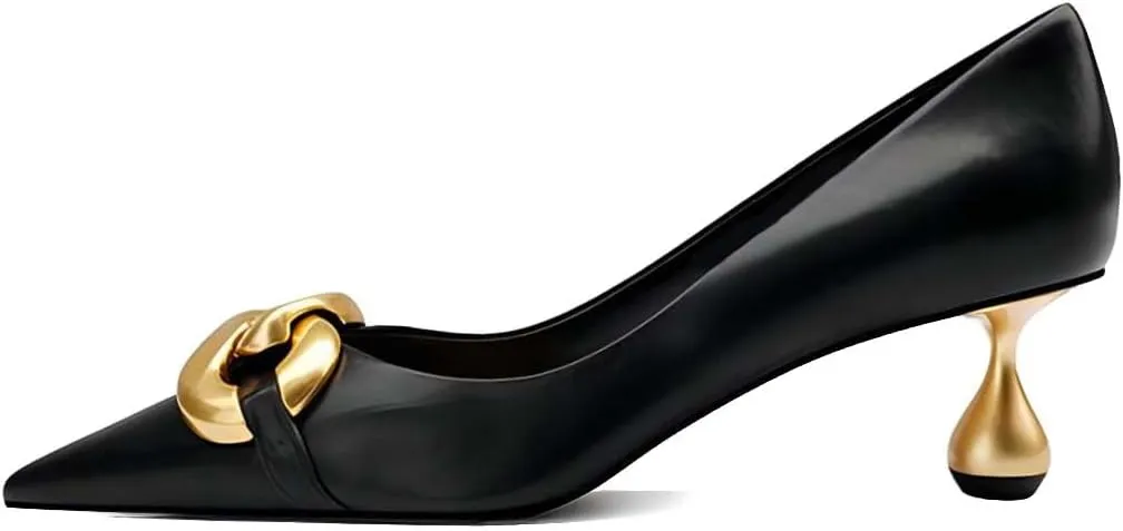 XYD Low Heel Closed Pointed Toe Pumps with Metal Chain Solid Golden Heeled Shoes for Women Slip On Professional Lady Formal