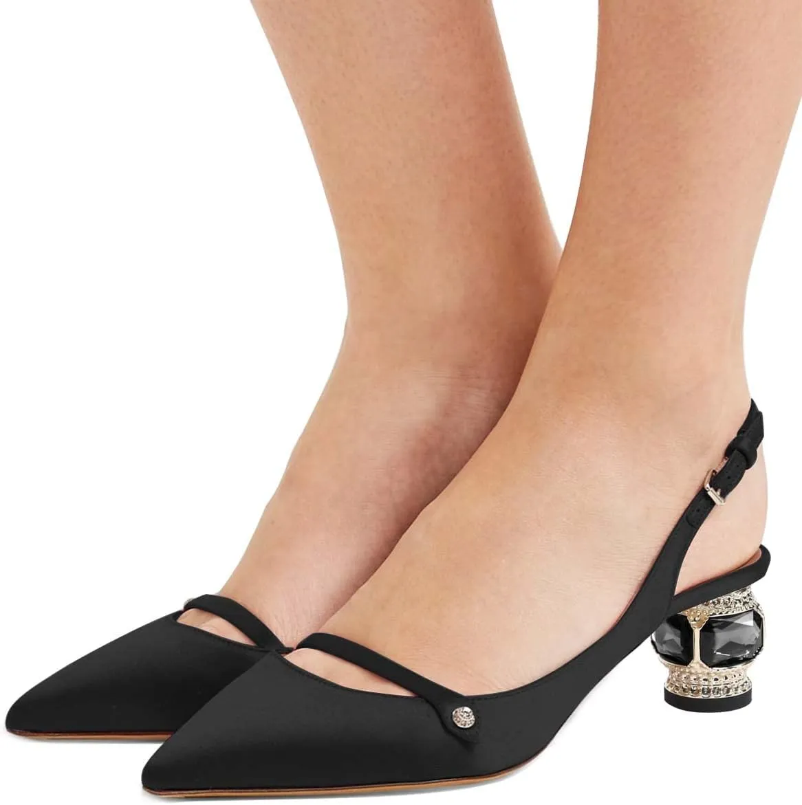 XYD Women Pointed Toe Mid Kitten Heel Slingback Sandal Pumps Slip On Patent Satin Dress Shoes