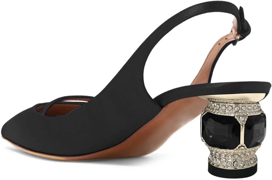XYD Women Pointed Toe Mid Kitten Heel Slingback Sandal Pumps Slip On Patent Satin Dress Shoes