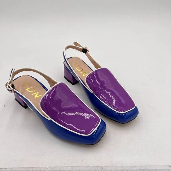 YDN Blue And Purple Square Toe Block Low Heels Slingback Pump Dressy Shoes