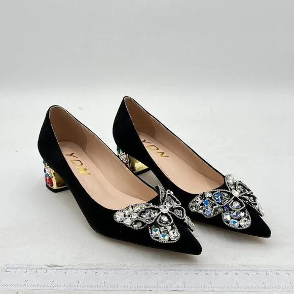 YDN Women Pointed Toe Bow Pump Colorful Rhinestone Block Low Heel Butterfly Slip