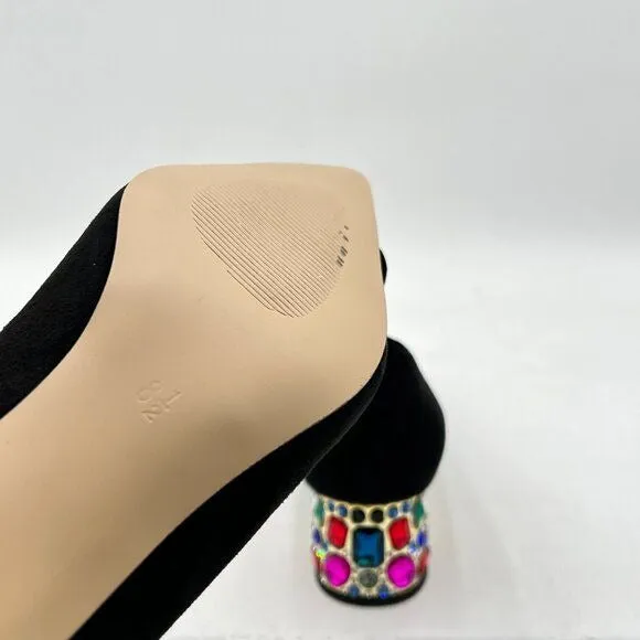YDN Women Pointed Toe Bow Pump Colorful Rhinestone Block Low Heel Butterfly Slip