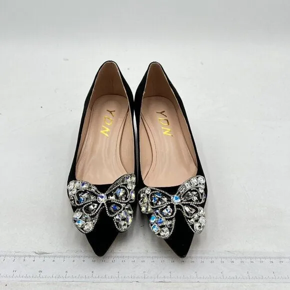 YDN Women Pointed Toe Bow Pump Colorful Rhinestone Block Low Heel Butterfly Slip