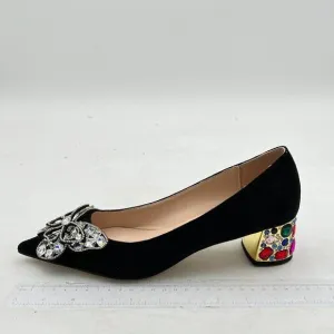 YDN Women Pointed Toe Bow Pump Colorful Rhinestone Block Low Heel Butterfly Slip