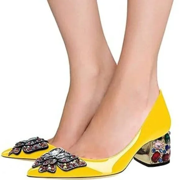 YDN Yellow Women Pointed Toe Bow Pump Colorful Rhinestone Block Low Heel