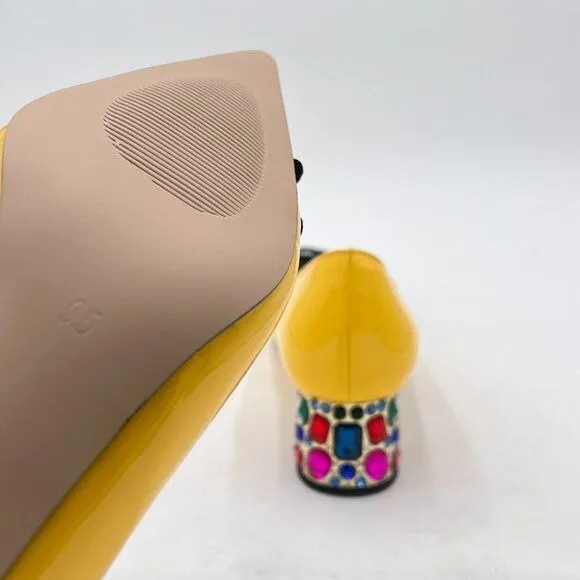 YDN Yellow Women Pointed Toe Bow Pump Colorful Rhinestone Block Low Heel
