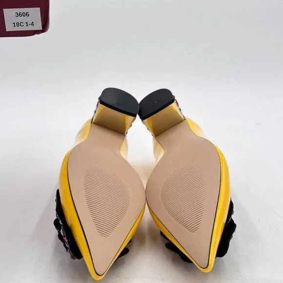YDN Yellow Women Pointed Toe Bow Pump Colorful Rhinestone Block Low Heel