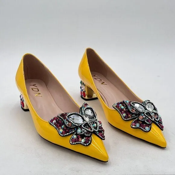 YDN Yellow Women Pointed Toe Bow Pump Colorful Rhinestone Block Low Heel