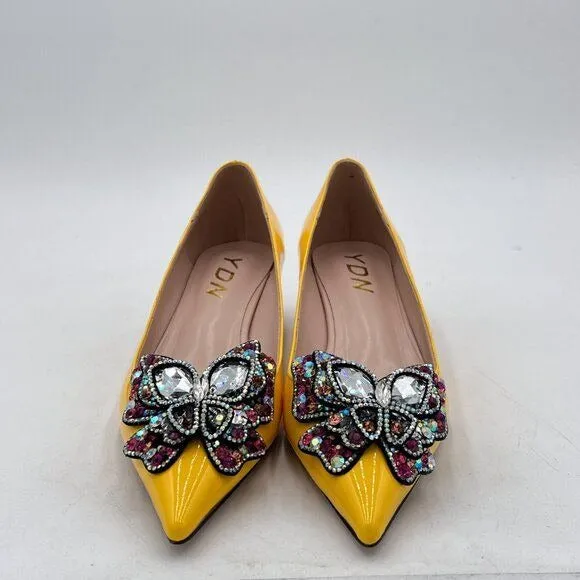 YDN Yellow Women Pointed Toe Bow Pump Colorful Rhinestone Block Low Heel