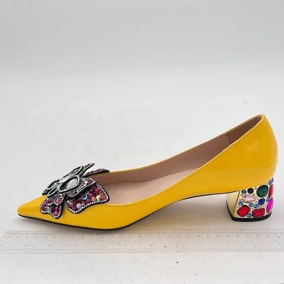 YDN Yellow Women Pointed Toe Bow Pump Colorful Rhinestone Block Low Heel
