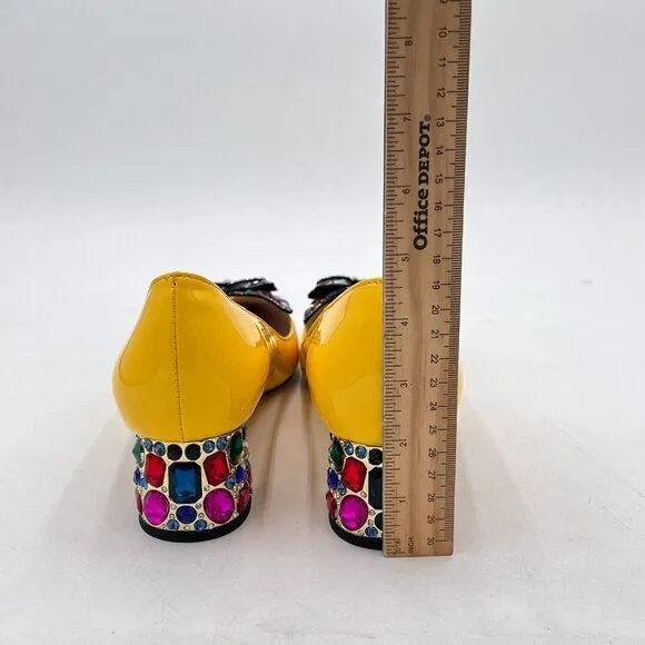YDN Yellow Women Pointed Toe Bow Pump Colorful Rhinestone Block Low Heel