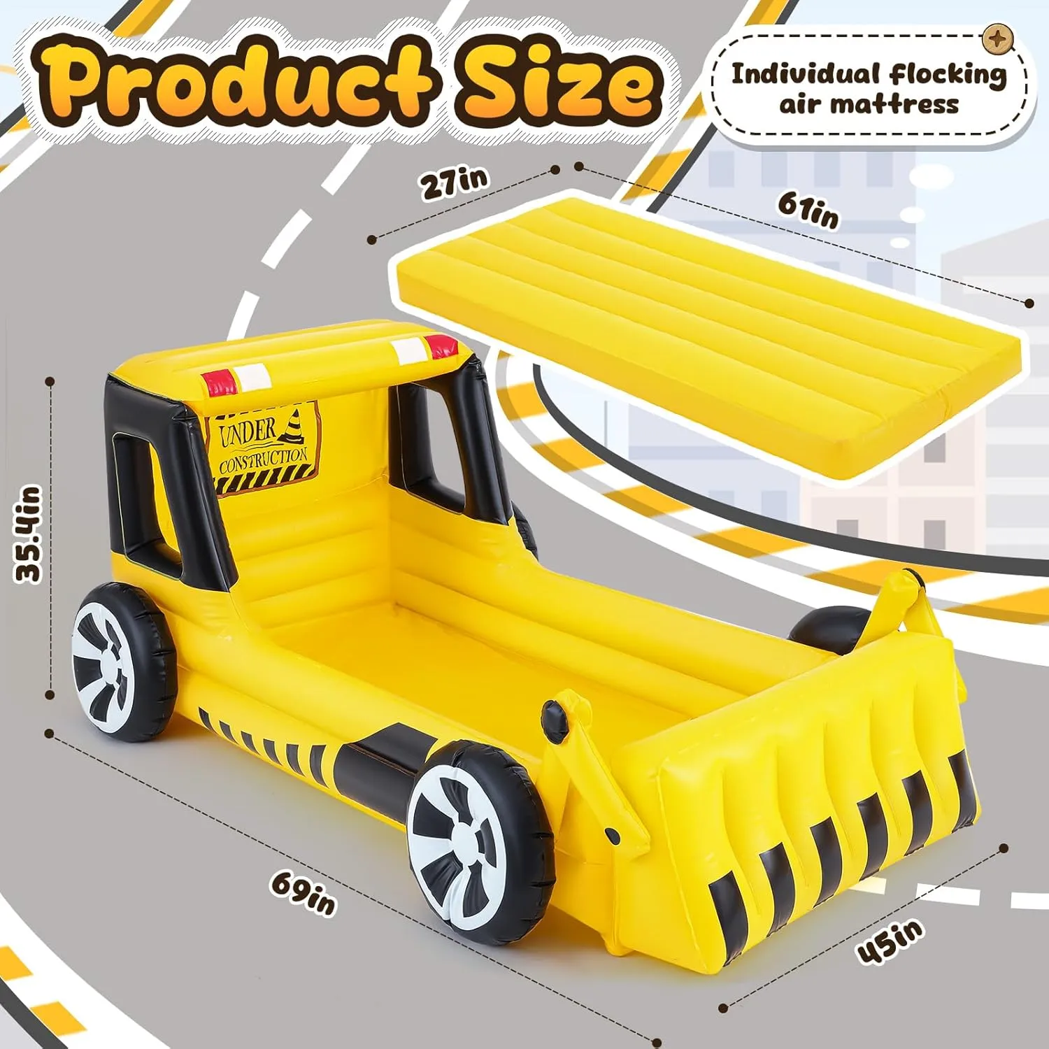 Yellow Excavator Toddler Travel Bed with Safety Bumper and Air Mattress Inflatable Toddler Bed Portable Air Mattress with Pump for Vacation Hotel Home Sleepover Kids Birthday Gift