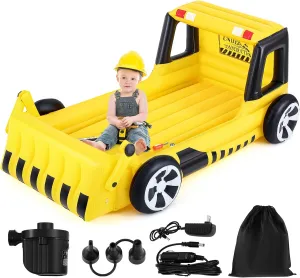 Yellow Excavator Toddler Travel Bed with Safety Bumper and Air Mattress Inflatable Toddler Bed Portable Air Mattress with Pump for Vacation Hotel Home Sleepover Kids Birthday Gift