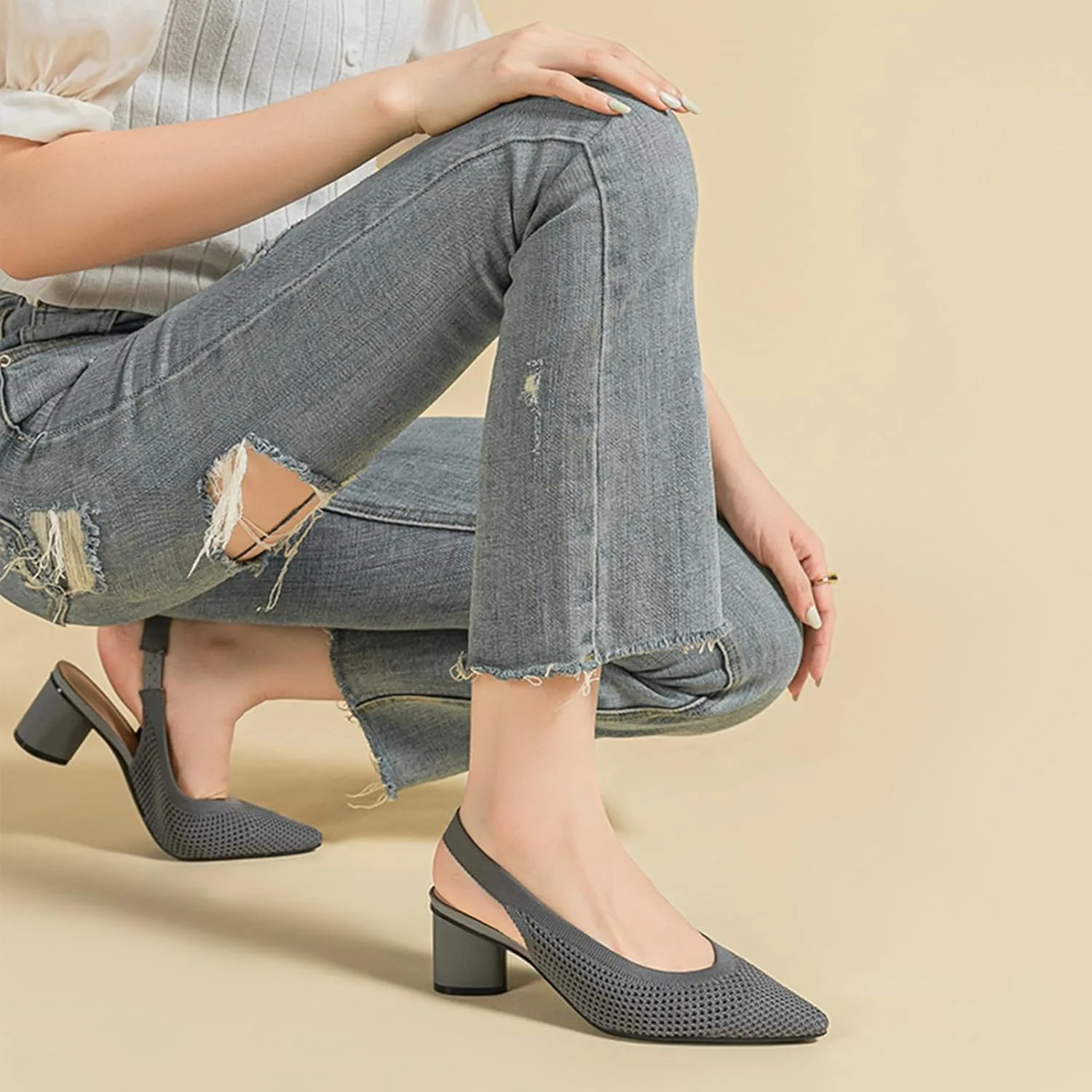 youngshow Pointed Toe Women Pumps, Comfort Slingback Heels with Arch Support, Cute Kitten Heels with Ankle Strap for Womens, Walking Office, Black