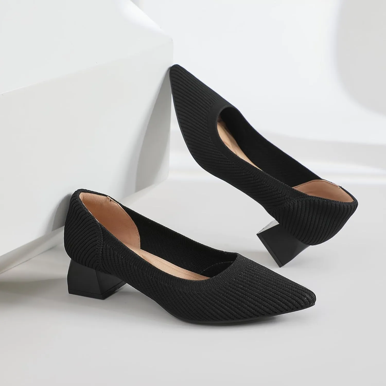 youngshow Women's Pumps Kitten Heels Pointed Toe Knit Slip On Comfortable Casual Formal Dress Shoes