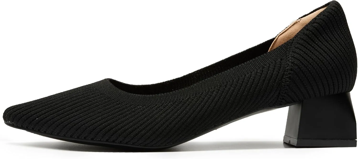 youngshow Women's Pumps Kitten Heels Pointed Toe Knit Slip On Comfortable Casual Formal Dress Shoes
