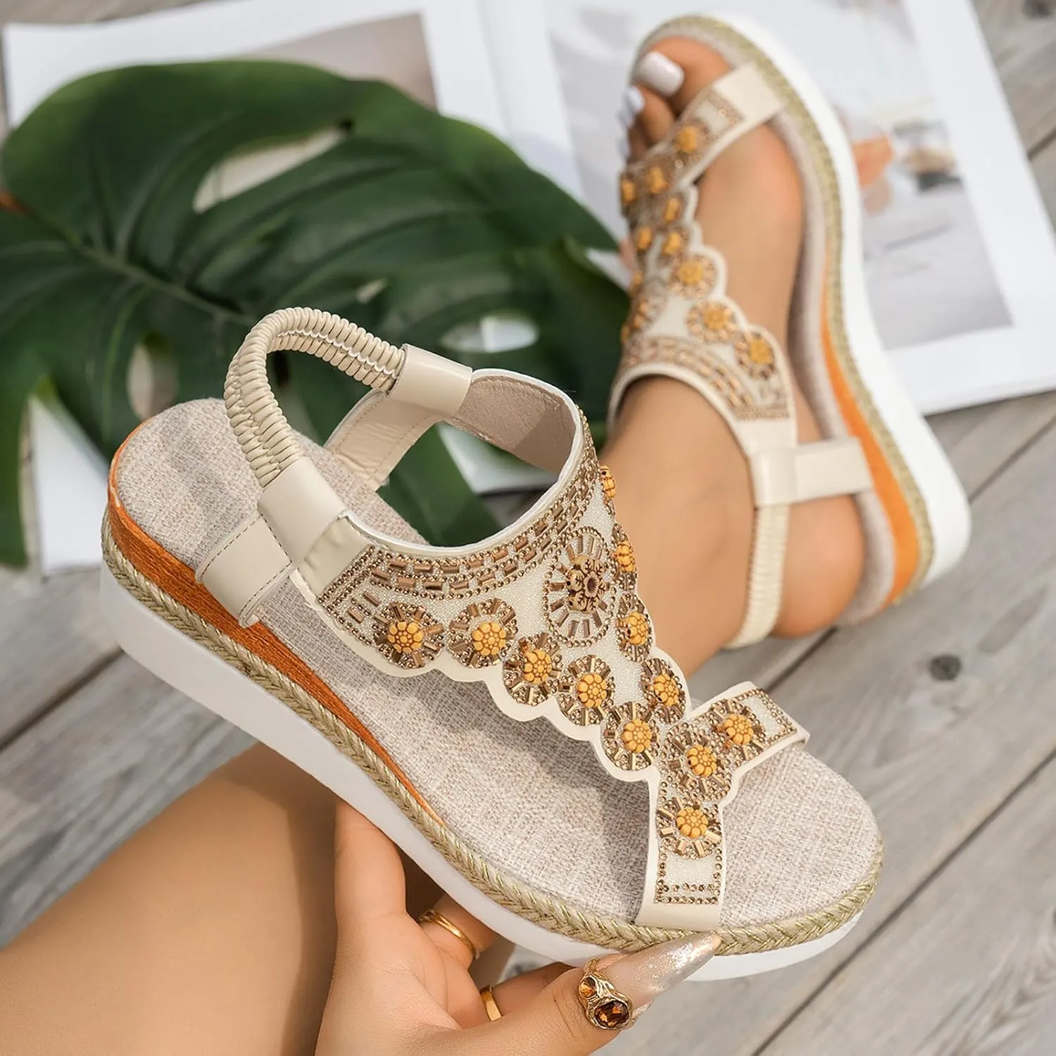 ZSpzx Women Wedge Sandals 2025,Fashion Roman Retro Walking Footwear Comfortable Non-Slip Slides Arch Support Breathable Casual Shoe Indoor/Outdoor Slip-On Slippers Daily Wear Adjustable Buckle