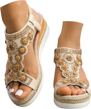 ZSpzx Women Wedge Sandals 2025,Fashion Roman Retro Walking Footwear Comfortable Non-Slip Slides Arch Support Breathable Casual Shoe Indoor/Outdoor Slip-On Slippers Daily Wear Adjustable Buckle